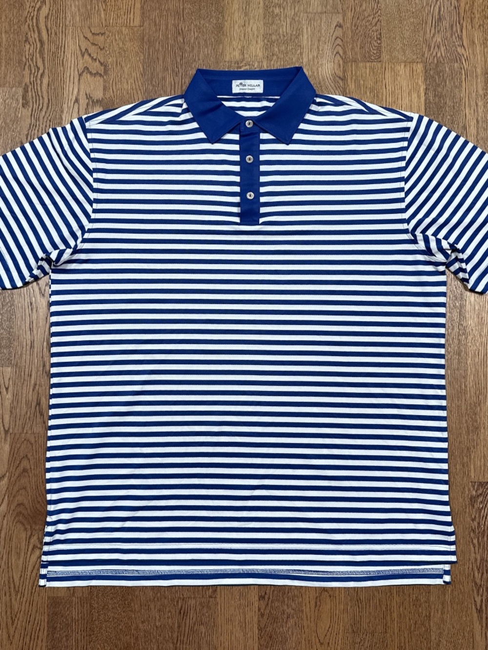 Peter Millar Summer Comfort Striped Blue White Pique Fabric Polo Shirt Mens L